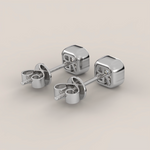 Pair of silver cube-shaped earrings on a light gray background